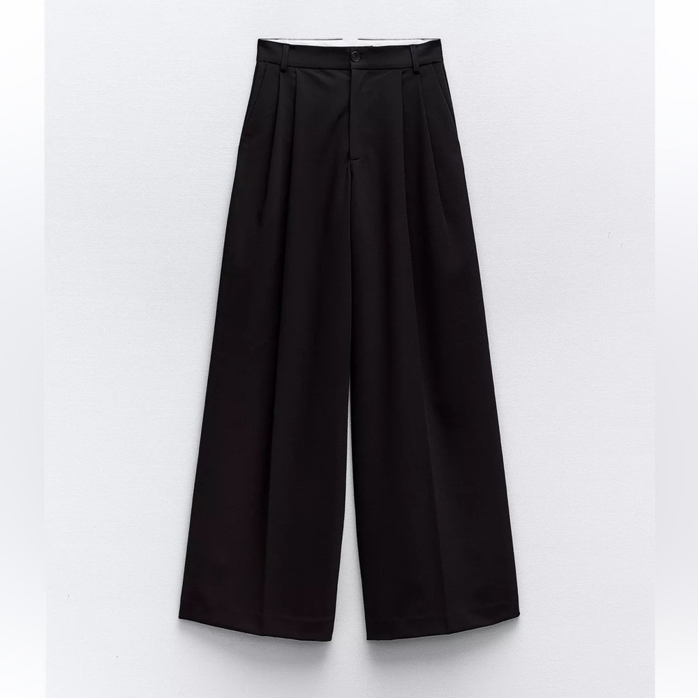 Zara Pleated Black Wide-Leg Trousers